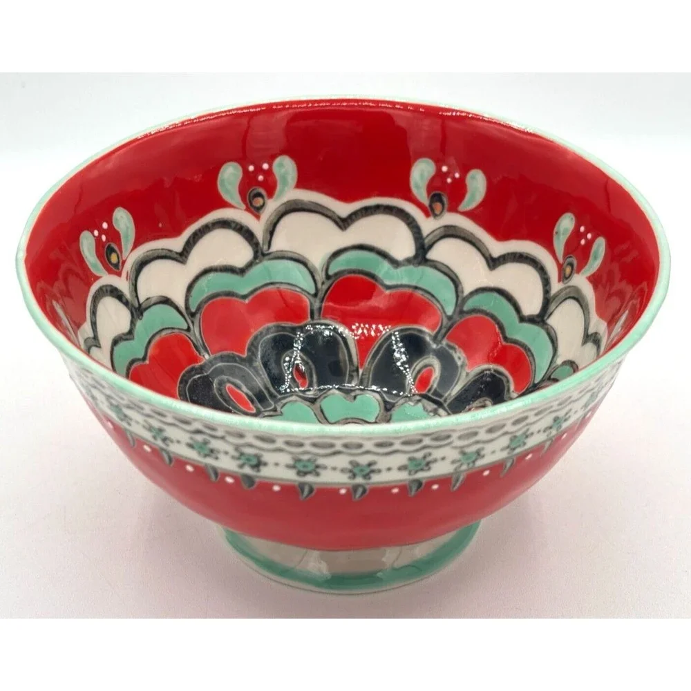ANTHROPOLOGIE Footed Bowl Akaya Elka Red Bohemian Floral Handpainted Cereal Soup